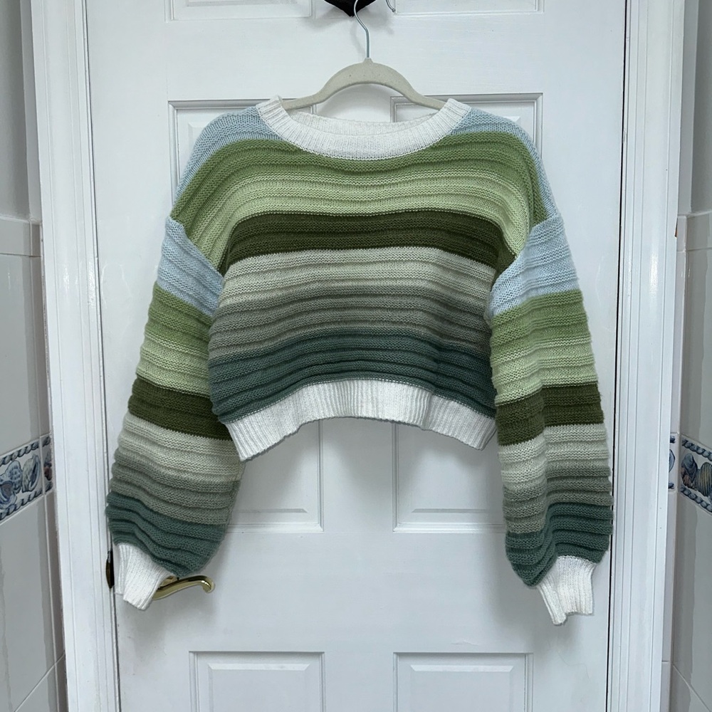 SHEIN White and Multi Shade Green Knit Top
